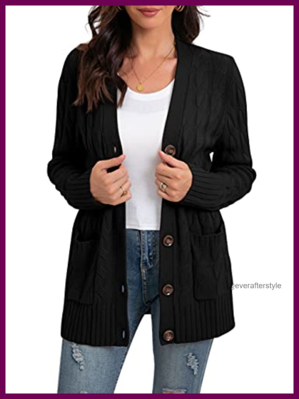 Women's Long Sleeve Cable Knit Button Cardigan Sweater with Pockets